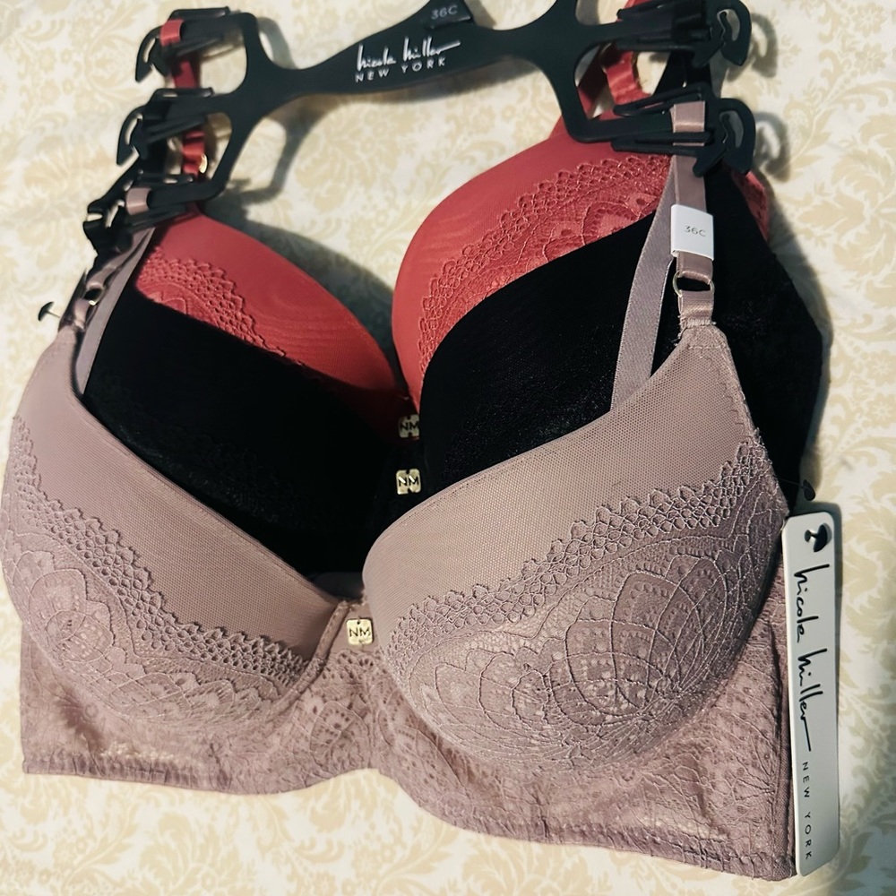Nicole Miller✨❤️🧡🖤Women's Lace Bra Set - Black, Pink, Tan -3pk